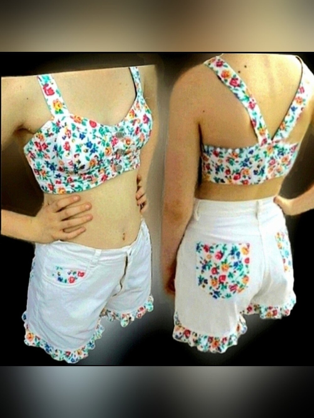 Vtg 90s Gitano white denim bustier high waist mom jean floral ruffle short set M